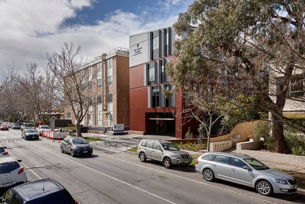 Street view of modular constructed hospital in Melbourne