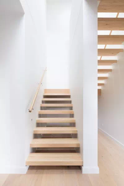 Interior stairs of two story prefab home